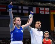 24 June 2019; Michaela Walsh of Ireland, left, celebrates following her victory over Lacramioara Perijoc of Romania during their Women’s Featherweight bout at Uruchie Sports Palace on Day 4 of the Minsk 2019 2nd European Games in Minsk, Belarus. Photo by Seb Daly/Sportsfile
