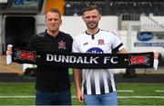 24 June 2019; Andy Boyle, right, poses for a portrait with manager Vinny Perth, left, at Oriel Park in Dundalk, after signing for Dundalk. Photo by Ben McShane/Sportsfile