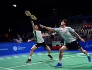 24 June 2019; Paul Reynolds, left, and Joshua Magee of Ireland in action against Christopher Langridge and Marcus Ellis of Great Britain during their Men's Badminton Doubles group stage match at Falcon Club on Day 4 of the Minsk 2019 2nd European Games in Minsk, Belarus. Photo by Seb Daly/Sportsfile