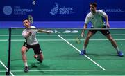 24 June 2019; Paul Reynolds, left, and Joshua Magee of Ireland in action against Christopher Langridge and Marcus Ellis of Great Britain during their Men's Badminton Doubles group stage match at Falcon Club on Day 4 of the Minsk 2019 2nd European Games in Minsk, Belarus. Photo by Seb Daly/Sportsfile
