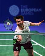 24 June 2019; Joshua Magee of Ireland in action  during his Men's Badminton Doubles group stage match against Christopher Langridge and Marcus Ellis of Great Britain at Falcon Club on Day 4 of the Minsk 2019 2nd European Games in Minsk, Belarus. Photo by Seb Daly/Sportsfile
