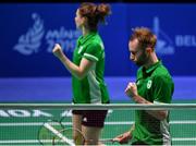 24 June 2019; Samuel Magee and Chloe Magee of Ireland celebrate winning a game during their Mixed Badminton Doubles group stage match against Evgenii Dremin and Evgenia Dimova of Russia at Falcon Club on Day 4 of the Minsk 2019 2nd European Games in Minsk, Belarus. Photo by Seb Daly/Sportsfile