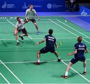 24 June 2019; Paul Reynolds, top left, and Joshua Magee of Ireland in action against Christopher Langridge and Marcus Ellis of Great Britain during their Men's Badminton Doubles group stage match at Falcon Club on Day 4 of the Minsk 2019 2nd European Games in Minsk, Belarus. Photo by Seb Daly/Sportsfile