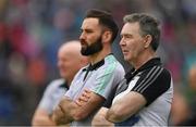 23 June 2019; Donegal selector Karl Lacey, left, and team doctor Dr Kevin Moran during the Ulster GAA Football Senior Championship Final match between Donegal and Cavan at St Tiernach's Park in Clones, Monaghan. Photo by Ramsey Cardy/Sportsfile