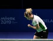 24 June 2019; Rachael Darragh of Ireland reacts after winning a point during her Women's Badminton Singles group stage match against Agnes Korosi of Hungary at Falcon Club on Day 4 of the Minsk 2019 2nd European Games in Minsk, Belarus. Photo by Seb Daly/Sportsfile