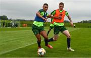 24 June 2019; Ali Reghba, left, and Kameron Ledwidge during a Republic of Ireland Under-19 training session at FAI National Training Centre in Abbotstown, Dublin. Photo by Sam Barnes/Sportsfile