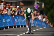 25 June 2019; Ryan Mullen of Ireland crosses the finish line to complete the Men's Cycling Time Trial on Day 5 of the Minsk 2019 2nd European Games in Minsk, Belarus. Photo by Seb Daly/Sportsfile