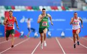 25 June 2019; Stephen Gaffney, centre, of Ireland on his way to finishing second in the Men's 100m during Dynamic New Athletics quarter-final match two at Dinamo Stadium on Day 5 of the Minsk 2019 2nd European Games in Minsk, Belarus. Photo by Seb Daly/Sportsfile