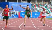 25 June 2019; Stephen Gaffney, centre, of Ireland finishes second in the Men's 100m during Dynamic New Athletics quarter-final match two at Dinamo Stadium on Day 5 of the Minsk 2019 2nd European Games in Minsk, Belarus. Photo by Seb Daly/Sportsfile