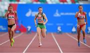 25 June 2019; Niamh Whelan, centre, of Ireland competes in the Women's 100m during Dynamic New Athletics quarter-final match two at Dinamo Stadium on Day 5 of the Minsk 2019 2nd European Games in Minsk, Belarus. Photo by Seb Daly/Sportsfile