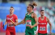 25 June 2019; Luke Lennon Ford of Ireland celebrates after winning the 4x400 Mixed Relay during Dynamic New Athletics quarter-final match two at Dinamo Stadium on Day 5 of the Minsk 2019 2nd European Games in Minsk, Belarus. Photo by Seb Daly/Sportsfile
