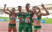 25 June 2019; Team Ireland, from left, Kelly McGrory, Andrew Mellon, Luke Lennon Ford and Sinead Denny celebrate after winning the 4x400 Mixed Relay during Dynamic New Athletics quarter-final match two at Dinamo Stadium on Day 5 of the Minsk 2019 2nd European Games in Minsk, Belarus. Photo by Seb Daly/Sportsfile