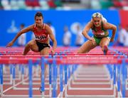 25 June 2019; Sarah Lavin of Ireland, right, on her way to finishing second behind Greta Kerekes of Hungary in the Women's 100m hurdles during Dynamic New Athletics quarter-final match two at Dinamo Stadium on Day 5 of the Minsk 2019 2nd European Games in Minsk, Belarus.