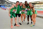 25 June 2019; Ireland Hunt Mixed Medley Relay team, from left, Paul Byrne, coach Dermot McGranaghan, Catherine McManus, Brandon Arrey and Amy O'Donoghue following Dynamic New Athletics quarter-final match two at Dinamo Stadium on Day 5 of the Minsk 2019 2nd European Games in Minsk, Belarus. Photo by Seb Daly/Sportsfile