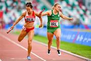 25 June 2019; Catherine McManus of Ireland, right, crosses the line ahead of Inna Eftimova of Bulgaria in The Hunt Mixed Medley Relay during Dynamic New Athletics quarter-final match two at Dinamo Stadium on Day 5 of the Minsk 2019 2nd European Games in Minsk, Belarus. Photo by Seb Daly/Sportsfile