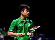 26 June 2019; Nhat Nguyen of Ireland in action against Luka Wrabber of Austria during their Men's Badminton Singles group stage match at Falcon Club on Day 6 of the Minsk 2019 2nd European Games in Minsk, Belarus. Photo by Seb Daly/Sportsfile