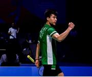 26 June 2019; Nhat Nguyen of Ireland celebrates following victory in his Men's Badminton Singles group stage match against Luka Wrabber of Austria at Falcon Club on Day 6 of the Minsk 2019 2nd European Games in Minsk, Belarus. Photo by Seb Daly/Sportsfile