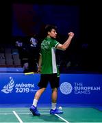 26 June 2019; Nhat Nguyen of Ireland celebrates following victory in his Men's Badminton Singles group stage match against Luka Wrabber of Austria at Falcon Club on Day 6 of the Minsk 2019 2nd European Games in Minsk, Belarus. Photo by Seb Daly/Sportsfile