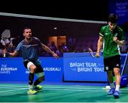 26 June 2019; Nhat Nguyen of Ireland celebrates winning a point during his Men's Badminton Singles group stage match against Luka Wrabber of Austria at Falcon Club on Day 6 of the Minsk 2019 2nd European Games in Minsk, Belarus. Photo by Seb Daly/Sportsfile