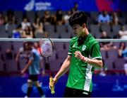 26 June 2019; Nhat Nguyen of Ireland reacts after winning a point during his Men's Badminton Singles group stage match against Luka Wrabber of Austria at Falcon Club on Day 6 of the Minsk 2019 2nd European Games in Minsk, Belarus. Photo by Seb Daly/Sportsfile