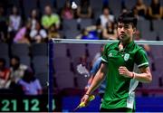 26 June 2019; Nhat Nguyen of Ireland reacts after winning a point during his Men's Badminton Singles group stage match against Luka Wrabber of Austria at Falcon Club on Day 6 of the Minsk 2019 2nd European Games in Minsk, Belarus. Photo by Seb Daly/Sportsfile
