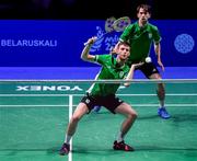 26 June 2019; Paul Reynolds, left, and Joshua Magee of Ireland in action against Kristjan Kaljurand and Paul Kasner of Estonia during their Men's Badminton Singles group stage match at Falcon Club on Day 6 of the Minsk 2019 2nd European Games in Minsk, Belarus. Photo by Seb Daly/Sportsfile