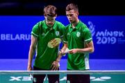 26 June 2019; Joshua Magee, left, and Paul Reynolds of Ireland during their Men's Badminton Singles group stage match against Kristjan Kaljurand and Paul Kasner of Estonia at Falcon Club on Day 6 of the Minsk 2019 2nd European Games in Minsk, Belarus. Photo by Seb Daly/Sportsfile