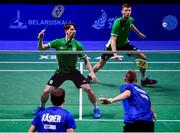 26 June 2019; Joshua Magee and Paul Reynolds of Ireland, top, in action against Kristjan Kaljurand and Paul Kasner of Estonia during their Men's Badminton Singles group stage match at Falcon Club on Day 6 of the Minsk 2019 2nd European Games in Minsk, Belarus. Photo by Seb Daly/Sportsfile