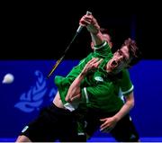 26 June 2019; Joshua Magee of Ireland in action against Kristjan Kaljurand and Paul Kasner of Estonia during the Men's Badminton Singles group stage match at Falcon Club on Day 6 of the Minsk 2019 2nd European Games in Minsk, Belarus. Photo by Seb Daly/Sportsfile