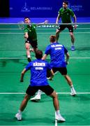 26 June 2019; Paul Reynolds and Joshua Magee of Ireland, top, in action against Kristjan Kaljurand and Paul Kasner of Estonia during their Men's Badminton Singles group stage match at Falcon Club on Day 6 of the Minsk 2019 2nd European Games in Minsk, Belarus. Photo by Seb Daly/Sportsfile