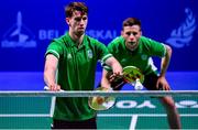 26 June 2019; Joshua Magee and Paul Reynolds of Ireland in action against Kristjan Kaljurand and Paul Kasner of Estonia during their Men's Badminton Singles group stage match at Falcon Club on Day 6 of the Minsk 2019 2nd European Games in Minsk, Belarus. Photo by Seb Daly/Sportsfile
