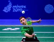 26 June 2019; Paul Reynolds of Ireland in action against Kristjan Kaljurand and Paul Kasner of Estonia during the Men's Badminton Singles group stage match at Falcon Club on Day 6 of the Minsk 2019 2nd European Games in Minsk, Belarus. Photo by Seb Daly/Sportsfile