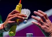 26 June 2019; A shuttlecock is exchanged during the Men's Badminton Singles group stage match between Nhat Nguyen of Ireland and Luka Wrabber of Austria at Falcon Club on Day 6 of the Minsk 2019 2nd European Games in Minsk, Belarus. Photo by Seb Daly/Sportsfile