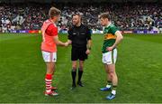 22 June 2019; Referee Anthony Nolan with team captains Ian Maguire of Cork and Gavin White of Kerry prior to the Munster GAA Football Senior Championship Final match between Cork and Kerry at Páirc Ui Chaoimh in Cork.  Photo by Brendan Moran/Sportsfile
