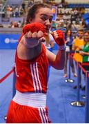 26 June 2019; Kellie Harrington of Ireland celebrates following her Women’s Lightweight quarter-final bout victory against Irma Testa of Italy at Uruchie Sports Palace on Day 6 of the Minsk 2019 2nd European Games in Minsk, Belarus. Photo by Seb Daly/Sportsfile