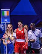 26 June 2019; Aoife O'Rourke of Ireland awaits to make her way to the ring prior to her Women’s Middleweight quarter-final bout against Lauren Price of Great Britain at Uruchie Sports Palace on Day 6 of the Minsk 2019 2nd European Games in Minsk, Belarus. Photo by Seb Daly/Sportsfile