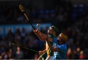 26 June 2019; Cillian Ryan of Offaly in action against Tommy Kinanne of Dublin during the Bord Gais Energy Leinster GAA Hurling U20 Championship quarter-final match between Dublin and Offaly at Parnell Park in Dublin. Photo by Eóin Noonan/Sportsfile