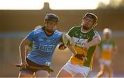 26 June 2019; Kevin Desmond of Dublin in action against Conor Butler of Offaly during the Bord Gais Energy Leinster GAA Hurling U20 Championship quarter-final match between Dublin and Offaly at Parnell Park in Dublin. Photo by Eóin Noonan/Sportsfile