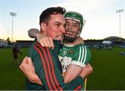 26 June 2019; John Murphy of Offaly celebrates with his brother Barry following the Bord Gais Energy Leinster GAA Hurling U20 Championship quarter-final match between Dublin and Offaly at Parnell Park in Dublin. Photo by Eóin Noonan/Sportsfile