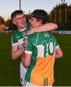26 June 2019; John Murphy, left, celebrates with team-mate Brian Duignan following the Bord Gais Energy Leinster GAA Hurling U20 Championship quarter-final match between Dublin and Offaly at Parnell Park in Dublin. Photo by Eóin Noonan/Sportsfile