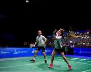 27 June 2019; Chloe Magee, right, and Samuel Magee of Ireland in action against Krestina Silich and Aliaksei Konakh of Belarus during their Mixed Badminton Doubles group stage match at Falcon Club on Day 7 of the Minsk 2019 2nd European Games in Minsk, Belarus. Photo by Seb Daly/Sportsfile