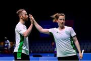27 June 2019; Samuel Magee and Chloe Magee of Ireland congratulate each other following victory during their Mixed Badminton Doubles group stage match against Krestina Silich and Aliaksei Konakh of Belarusat Falcon Club on Day 7 of the Minsk 2019 2nd European Games in Minsk, Belarus. Photo by Seb Daly/Sportsfile