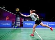 27 June 2019; Chloe Magee of Ireland in action against Krestina Silich and Aliaksei Konakh of Belarus during their Mixed Badminton Doubles group stage match at Falcon Club on Day 7 of the Minsk 2019 2nd European Games in Minsk, Belarus. Photo by Seb Daly/Sportsfile