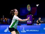 27 June 2019; Chloe Magee of Ireland in action against Krestina Silich and Aliaksei Konakh of Belarus during their Mixed Badminton Doubles group stage match at Falcon Club on Day 7 of the Minsk 2019 2nd European Games in Minsk, Belarus. Photo by Seb Daly/Sportsfile