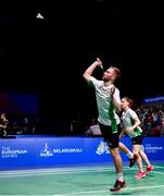 27 June 2019; Samuel Magee, front, and Chloe Magee of Ireland in action against Krestina Silich and Aliaksei Konakh of Belarus during their Mixed Badminton Doubles group stage match at Falcon Club on Day 7 of the Minsk 2019 2nd European Games in Minsk, Belarus. Photo by Seb Daly/Sportsfile