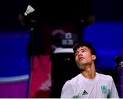 27 June 2019; Nhat Nguyen of Ireland during his Men's Badminton Singles Round of 16 match against Toby Penty of Great Britain at Falcon Club on Day 7 of the Minsk 2019 2nd European Games in Minsk, Belarus. Photo by Seb Daly/Sportsfile