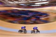 27 June 2019; Rayan Helal, right, and Quentin Lafargue of France compete in the Men's Track Cycling Team Sprint at Minsk Arena Velodrome on Day 7 of the Minsk 2019 2nd European Games in Minsk, Belarus. Photo by Seb Daly/Sportsfile