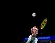 28 June 2019; Samuel Magee in action during the Mixed Badminton Doubles quarter-final match against Robin Tabeling and Piek Selena of Netherlands at Falcon Club on Day 8 of the Minsk 2019 2nd European Games in Minsk, Belarus. Photo by Seb Daly/Sportsfile