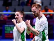 28 June 2019; Samuel Magee and Chloe Magee of Ireland celebrate winning a point during their Mixed Badminton Doubles quarter-final match against Robin Tabeling and Piek Selena of Netherlands at Falcon Club on Day 8 of the Minsk 2019 2nd European Games in Minsk, Belarus. Photo by Seb Daly/Sportsfile