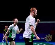 28 June 2019; Samuel Magee and Chloe Magee of Ireland react after winning a point during their Mixed Badminton Doubles quarter-final match against Robin Tabeling and Piek Selena of Netherlands at Falcon Club on Day 8 of the Minsk 2019 2nd European Games in Minsk, Belarus. Photo by Seb Daly/Sportsfile